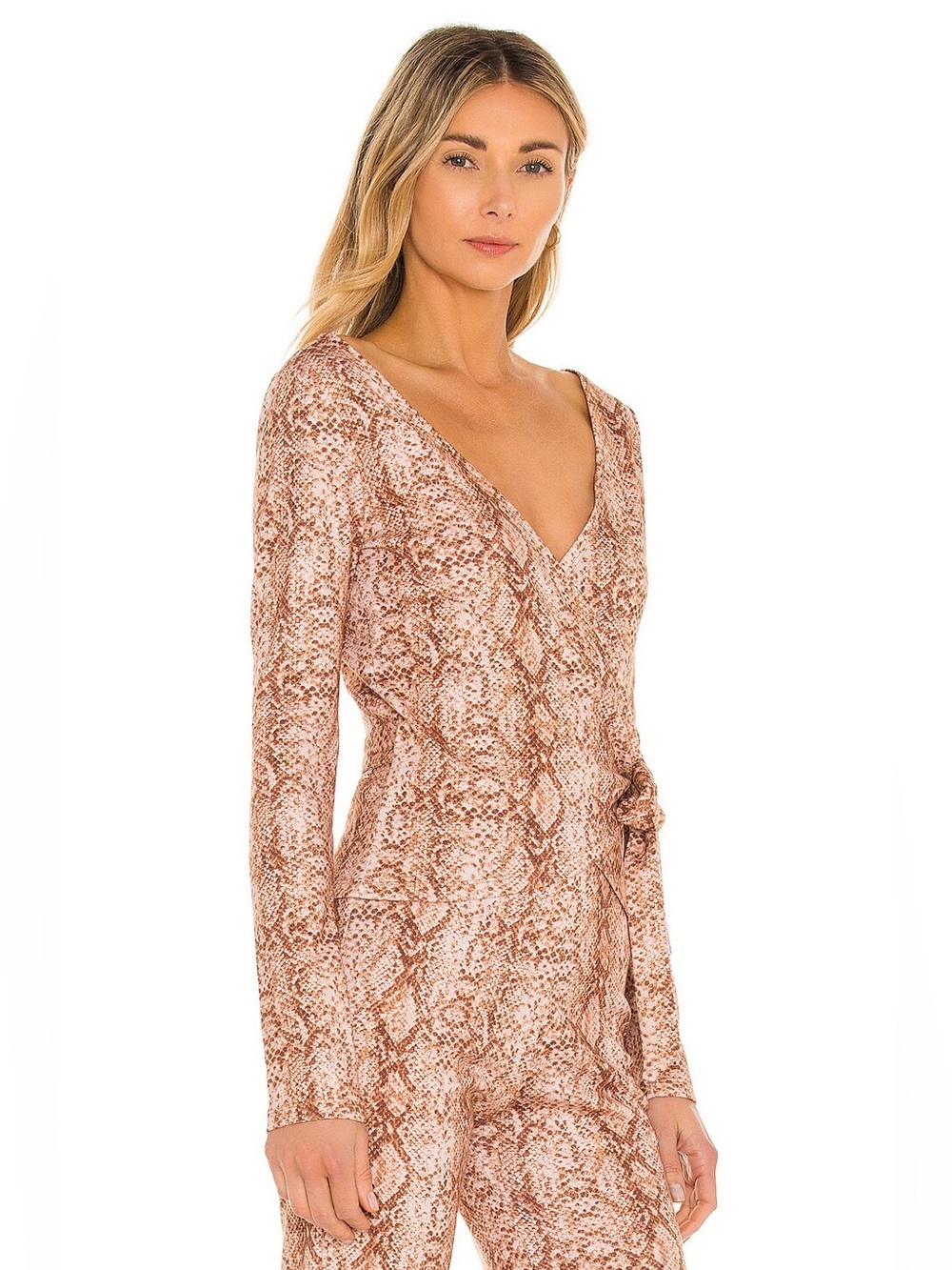 Lovers + Friends Taupe Snake-Print Long Sleeve Wrap Top